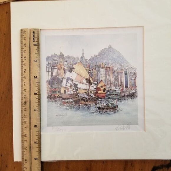 Chan Kau On's Hong Kong Harbour View of Hong Kong Signed Print Sail Boats Art - Picture 7 of 9